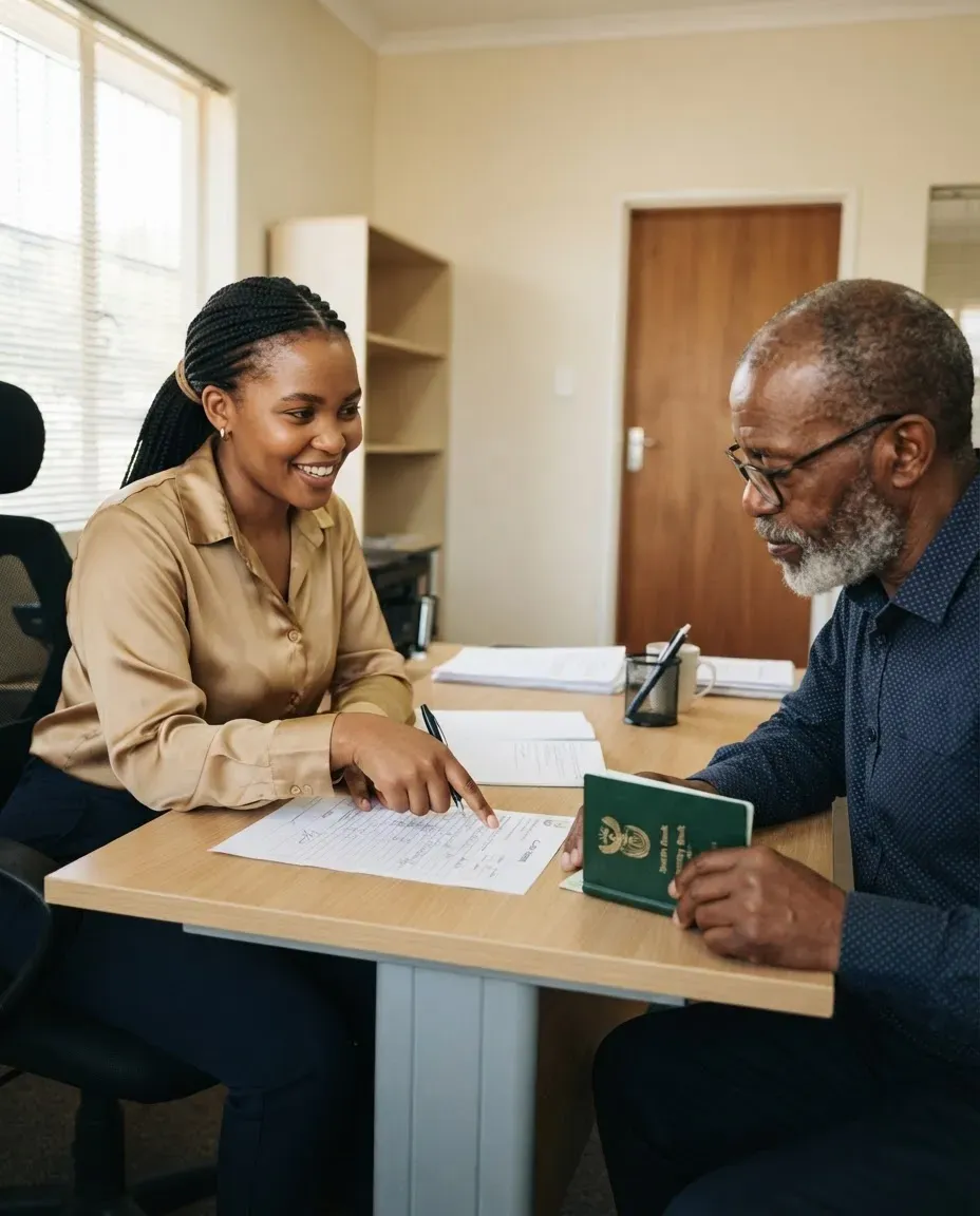 A consultant helping an older client complete a funeral cover claim form