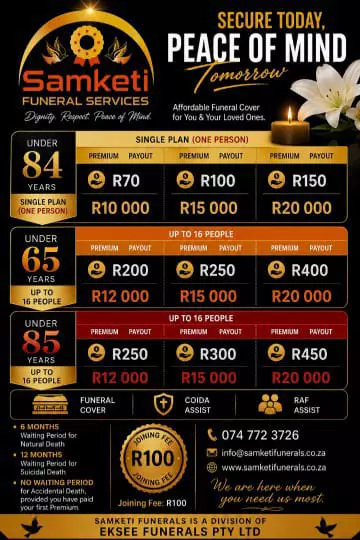 Samketi Funeral Services flyer showing single and family plan prices and payouts